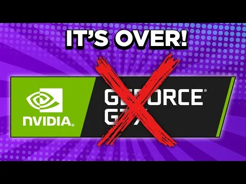 Progressive Robot graphic with “IT’S OVER!” above NVIDIA GeForce logo crossed out with a red X on a purple background