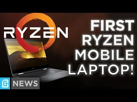 Progressive Robot, Ryzen logo above a laptop with text "FIRST RYZEN MOBILE LAPTOP!" and "NEWS" badge