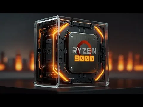 progressive Robot, glowing Ryzen 9000 processor chip in a transparent case with orange lighting