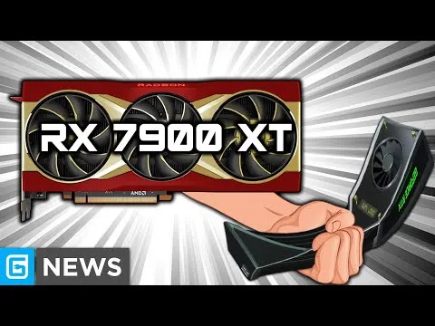 Progressive Robot holding a GPU box and RX 7900 XT graphics card with bold RX 7900 XT text and G NEWS logo