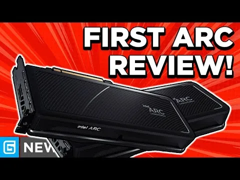 Progressive Robot holding an Intel Arc graphics card with bold text reading FIRST ARC REVIEW!