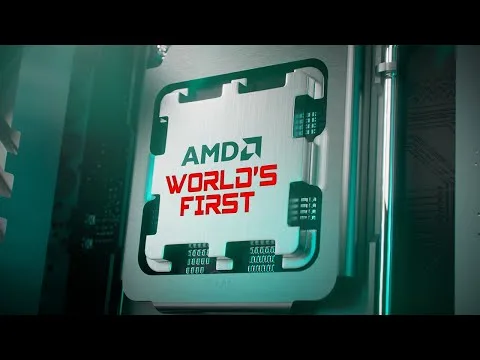progressive Robot, close-up of an AMD chip with the text “WORLD’S FIRST” in a futuristic, teal-lit setting