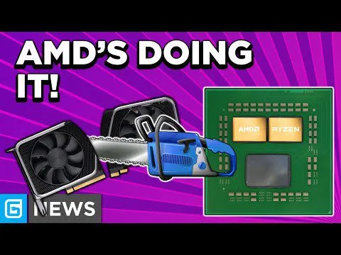 Progressive Robot, headline "AMD'S DOING IT!" with GPU fan, chainsaw graphic, and AMD Ryzen chip on purple background.