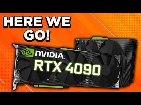 progressive Robot with an NVIDIA RTX 4090 graphics card and the text “HERE WE GO!” on an orange background
