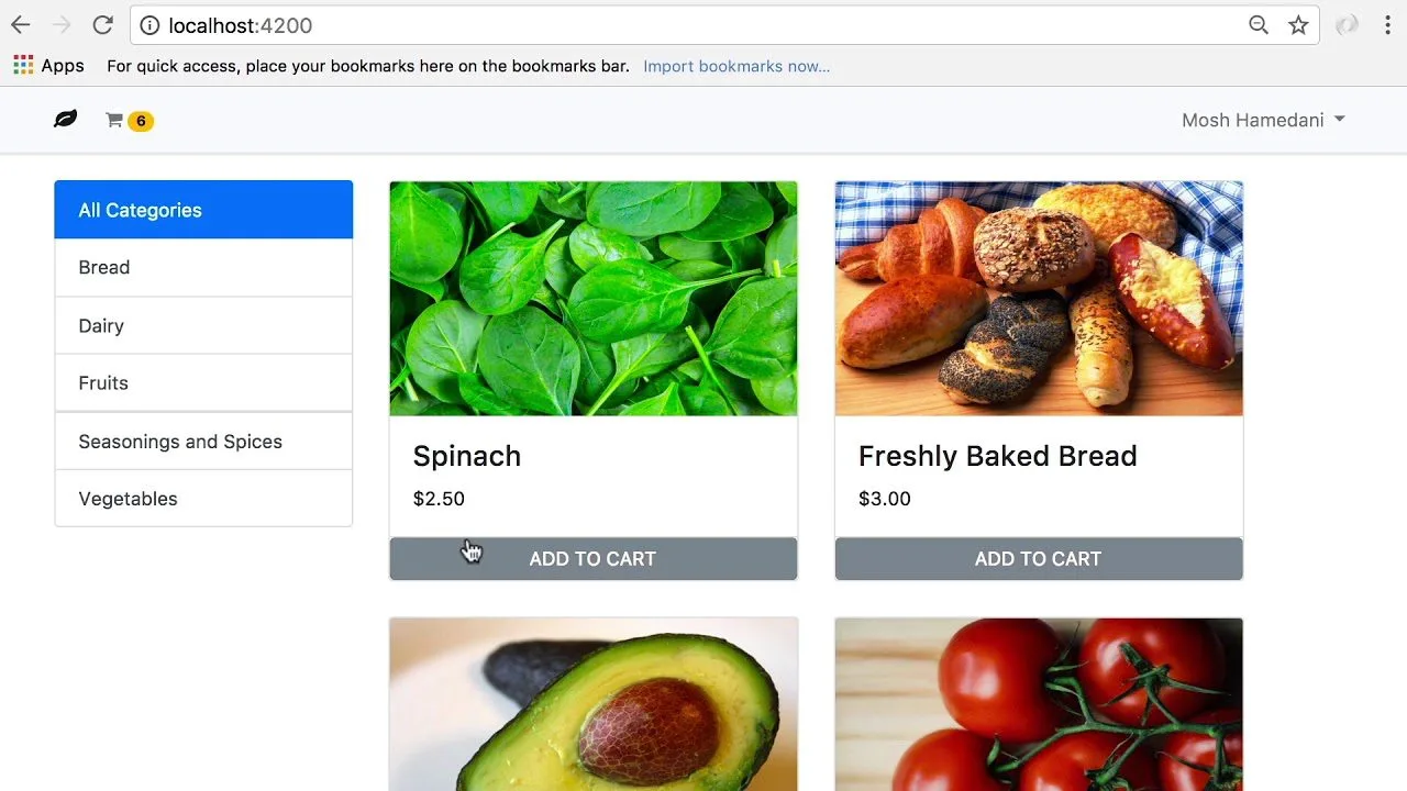 progressive Robot shopping app webpage showing categories sidebar and product cards for spinach and freshly baked bread with add to cart buttons