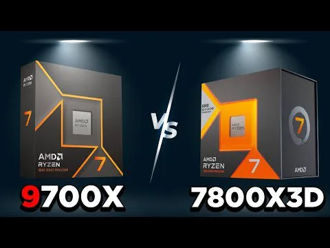 Progressive Robot comparing AMD Ryzen 7 9700X vs 7800X3D processor boxes with “VS” in the center
