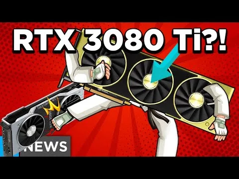 progressive Robot holding a large graphics card with text RTX 3080 Ti?! on a red background, and a smaller card labeled NEWS