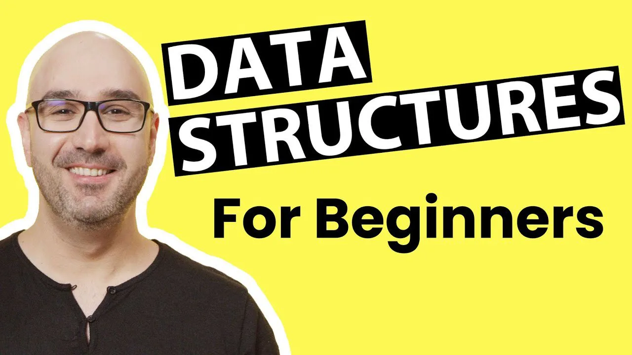 progressive Robot smiling bald man with glasses next to text "DATA STRUCTURES For Beginners" on yellow background