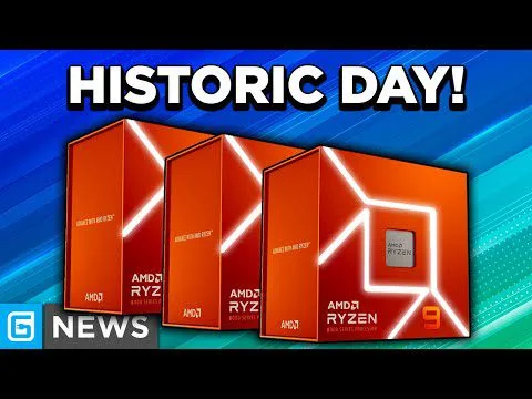 progressive Robot Historic Day! graphic with three red AMD Ryzen processor boxes and a G News logo on blue background
