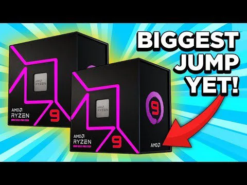 progressive Robot, AMD Ryzen 9 CPU boxes with neon accents and the text “BIGGEST JUMP YET!” with a red arrow