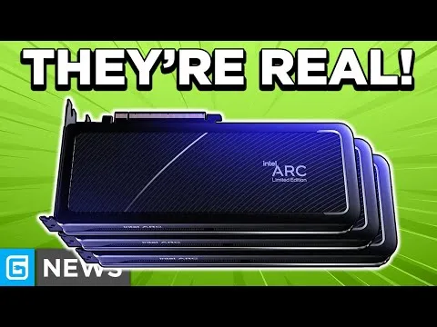 Progressive Robot, stacked black Intel ARC Limited Edition graphics cards with text THEY’RE REAL! and G NEWS logo