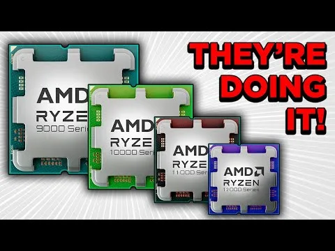 Progressive Robot lineup of AMD Ryzen CPU chips labeled 9000, 10000, 11000, 12000 series with text "THEY'RE DOING IT!"