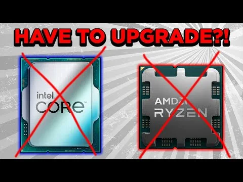 Progressive Robot, Intel Core and AMD Ryzen CPU icons crossed out in red under the text “HAVE TO UPGRADE?!”