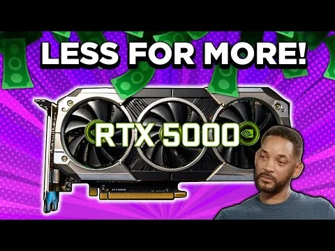 Progressive Robot: RTX 5000 graphics card with “LESS FOR MORE!” text and a man looking sideways on a purple background