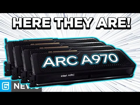 progressive Robot graphic showing stacked Intel Arc A970 GPUs with the text HERE THEY ARE! and ARC A970 on a burst background