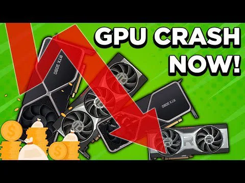 Progressive Robot graphic of a GPU price crash, with falling red arrow, stacked coins, and text “GPU CRASH NOW!”