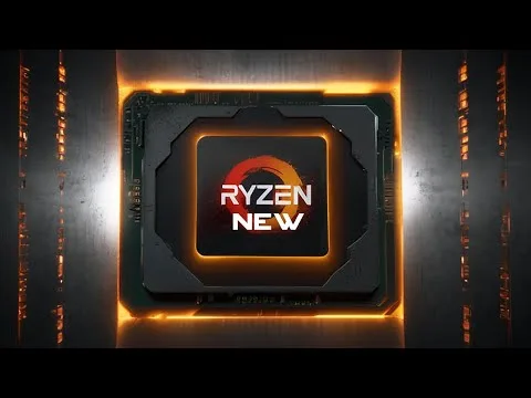 progressive Robot, glowing microchip with “RYZEN NEW” text centered on a dark circuit board with orange light accents