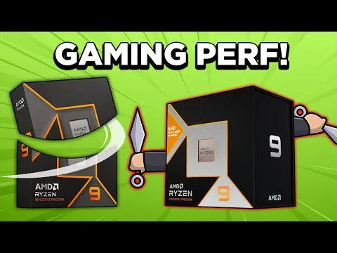 progressive Robot cartoon boxing gloves and knife around AMD Ryzen 9 boxes under the text "GAMING PERF!"