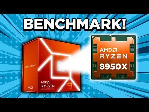progressive Robot, Benchmark graphic showing AMD Ryzen 9 box and Ryzen 9 8950X CPU chip on a blue burst background
