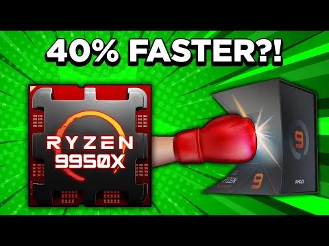 progressive Robot graphic of a Ryzen 9950X chip punching an AMD Ryzen 9 box, with text "40% FASTER?!"