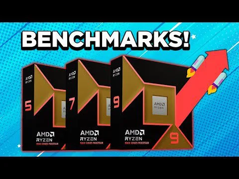 progressive Robot at the start, BENCHMARKS! text above AMD Ryzen 5, 7, and 9 processor boxes with an upward red arrow graph.