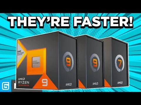 progressive Robot and three AMD Ryzen 9 processor boxes with headline text “THEY’RE FASTER!”
