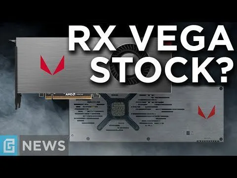 progressive Robot graphic card with large text RX VEGA STOCK? and news label in the corner