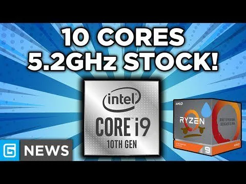 Progressive Robot graphic with bold text 10 CORES 5.2GHz STOCK! over Intel Core i9 chip and AMD Ryzen 9 box, news icon.