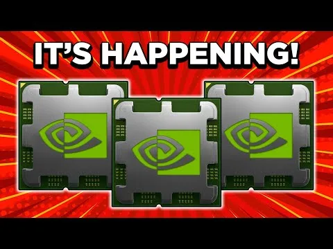 progressive Robot meme with three Nvidia chips on a red burst background and the text IT’S HAPPENING!