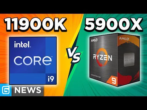 Progressive Robot comparing Intel Core i9-11900K vs AMD Ryzen 9 5900X with “VS” in the center and “G NEWS” logo.