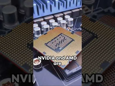 Progressive Robot holding a microchip with gold pins on a circuit board, with text “NVIDIA and AMD are”