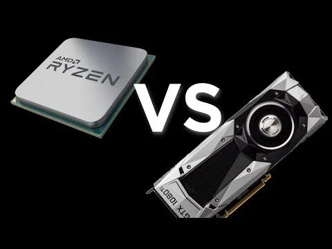 progressive Robot AMD Ryzen CPU versus NVIDIA GTX 1080 Ti graphics card on a black background with large “VS” text