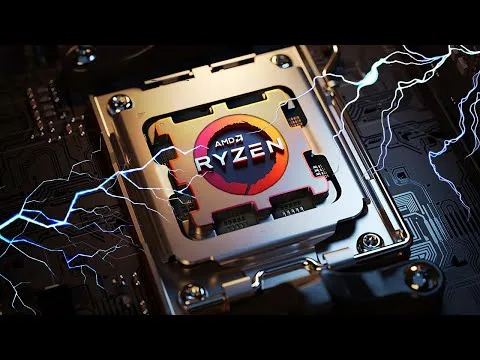 progressive Robot, close-up of an AMD Ryzen CPU seated in a motherboard socket with electric arcs around it