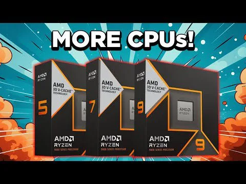 progressive Robot graphic showing AMD Ryzen CPU boxes labeled 5, 7, and 9 with headline “MORE CPUs!”