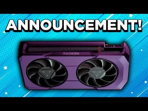 progressive Robot graphic of a purple Radeon dual-fan GPU with large “ANNOUNCEMENT!” text on a blue background