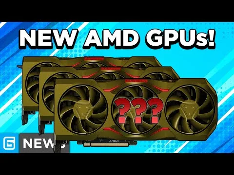 Progressive Robot, thumbnail showing multiple graphics cards with three fans and “NEW AMD GPUs!” text and red question marks