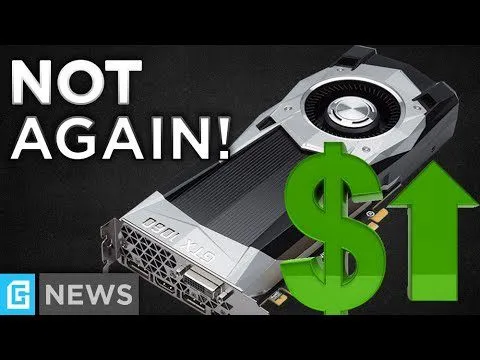 progressive Robot, graphics card with “NOT AGAIN!” text and green dollar sign and upward arrow indicating price increase