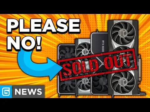 progressive Robot graphic with text "PLEASE NO!", arrow pointing to NVIDIA RTX 3080 GPUs stamped "SOLD OUT" and "NEWS" logo