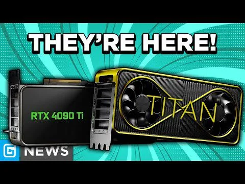 progressive Robot graphic showing two GPUs labeled RTX 4090 Ti and TITAN with headline text THEY'RE HERE!