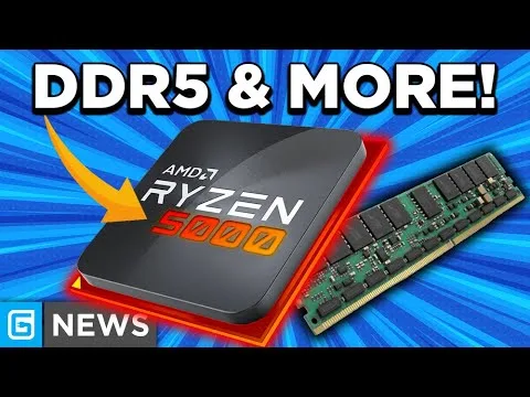 progressive Robot graphic showing AMD Ryzen 5000 chip and DDR5 RAM stick with text “DDR5 & MORE!” and “NEWS”