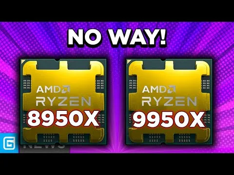 progressive Robot graphic showing AMD Ryzen 8950X and 9950X chips with the text NO WAY!