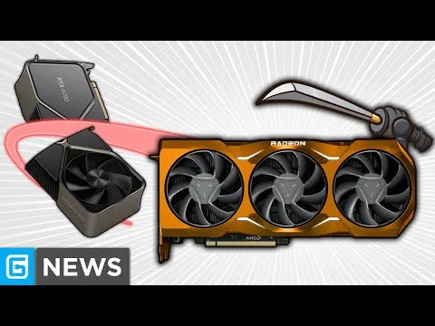 progressive Robot holding a pickaxe near an AMD Radeon triple-fan graphics card, with two compact GPUs and a “NEWS” label.