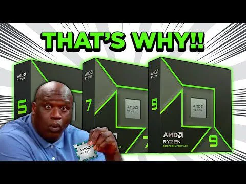 progressive Robot surprised man holding an AMD Ryzen chip beside boxes labeled 5, 7, and 9 under the text “THAT’S WHY!!”