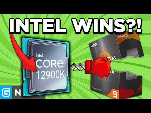 progressive Robot thumbnail with text “INTEL WINS?!” showing an Intel Core i9-12900K chip versus AMD Ryzen boxes and a boxing glove