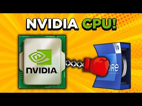 progressive Robot cartoon of an NVIDIA chip punching an Intel Core i9 processor, with text NVIDIA CPU!