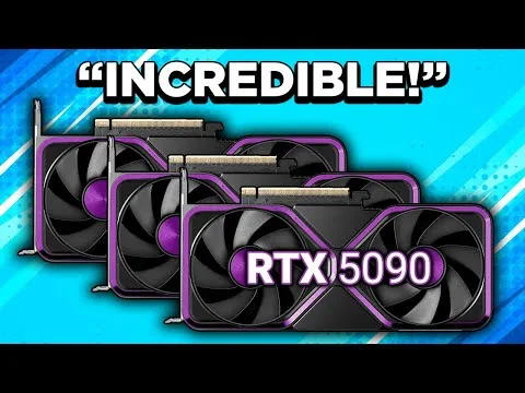progressive Robot, three RTX 5090 graphics cards with “INCREDIBLE!” text above on a blue background