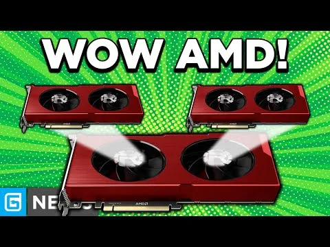 progressive Robot graphic showing three red AMD GPUs with bold text Wow AMD! on a green halftone background
