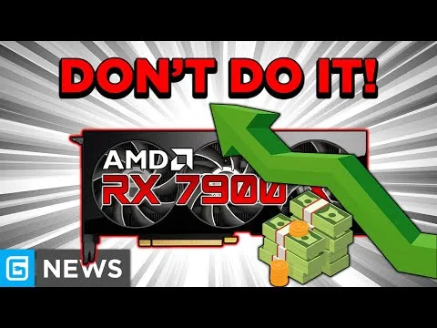 Progressive Robot graphic warning “DON’T DO IT!” above an AMD RX 7900 GPU image with cash stacks and green upward arrow.