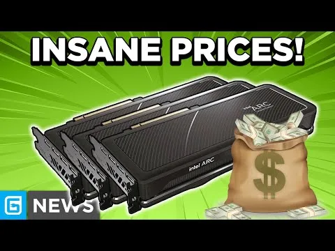 progressive Robot thumbnail with three Intel Arc graphics cards, “INSANE PRICES!” text, and a money bag overflowing with cash