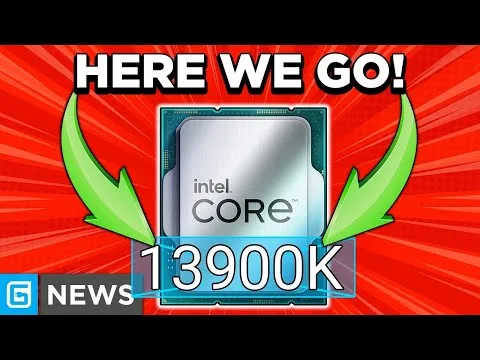 progressive Robot, Intel Core i9-13900K chip graphic with “HERE WE GO!” headline and green arrows on red background